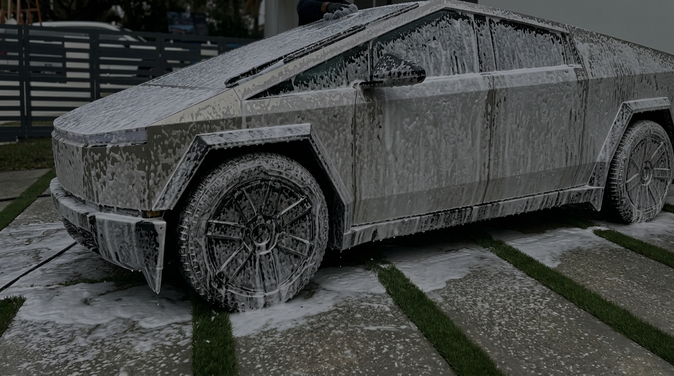 Tesla Cybertruck covered in foam during a hand wash