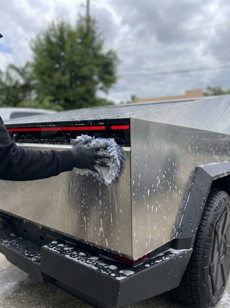 Detailer in a black hoodie and glove washing the foamy rear quarter of a stainless steel Cybertruck