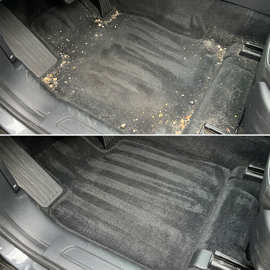 Car floor carpet before and after a Vortan express interior detail